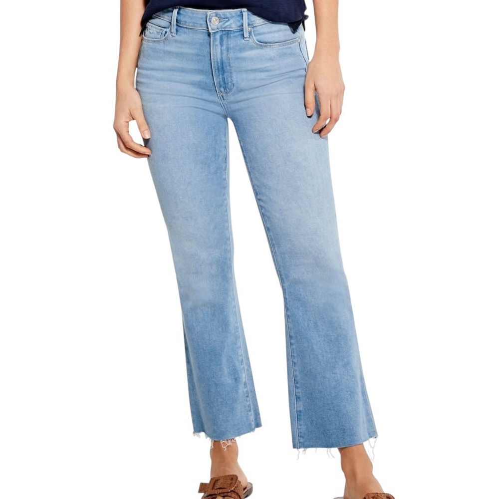 Express Cropped Flare Light Wash High Rise Raw Hem Stretch Jeans Size 12 Long